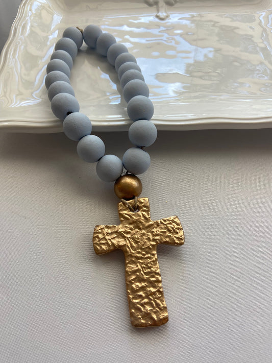 Hand Painted Sea Salt Blue Gold Gilded Cross Blessing Beads